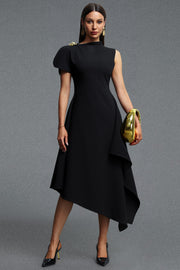 Weren Elegant Contour High Neck Asymmetric Black Maxi Dress